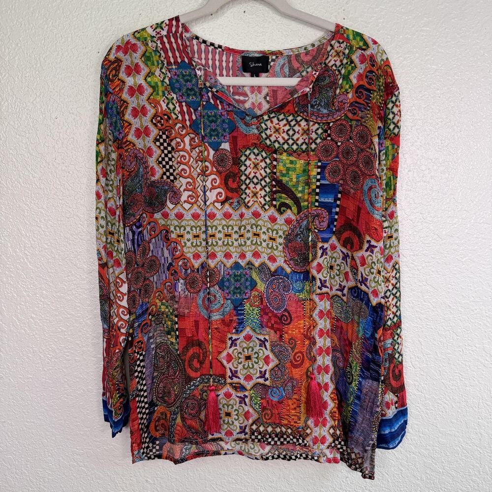 Shana Top Womens Large Paisley Patchwork Boho Tunic Blouse Tassel Viscose Silk